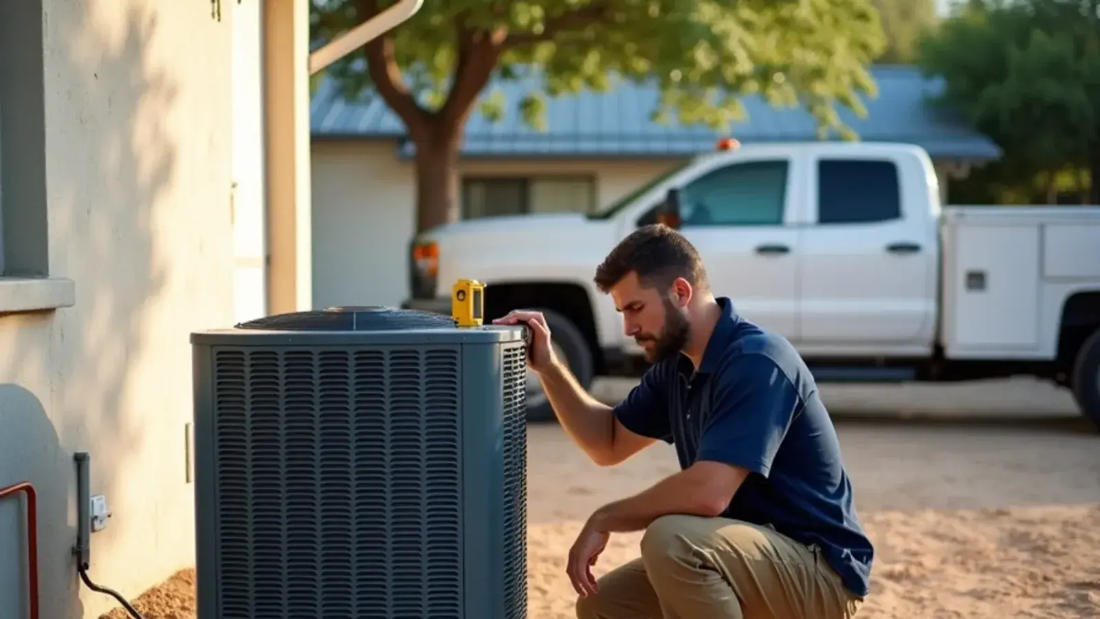 Technician leveling a new AC condenser on a fresh concrete pad beside a block home in Rio Grande City, TX