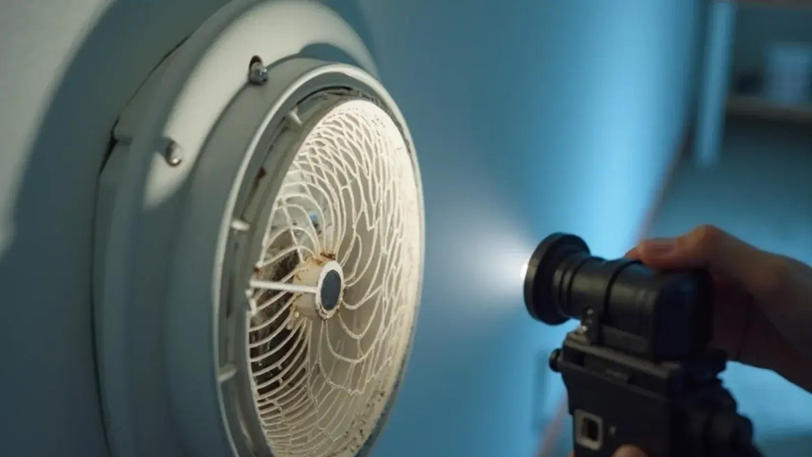 Mini-split indoor unit blower wheel coated in dark mold growth seen through the open louver